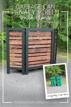 an outdoor privacy screen made out of wood and metal with the words garage can privacy screen build plans