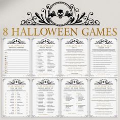 the 8 halloween games for kids to play on their own walls are shown in gold and black