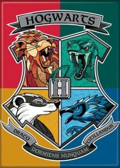 the hogwarts crest with four different colors and symbols on it's side