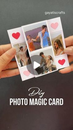 a person holding up a card with photos on it and the words diy photo magic card