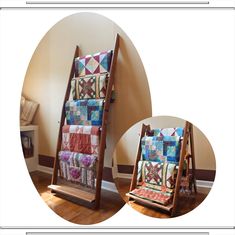 two wooden ladders are holding quilts on the floor and in front of a wall