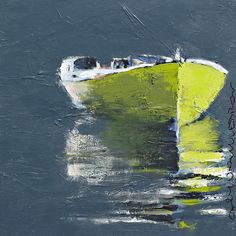 a painting of a yellow boat floating in the water with reflections on the water surface