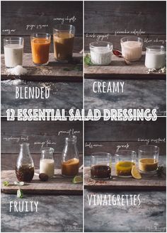 four different types of dressings are shown in three separate pictures, one is labeled and the other contains ingredients