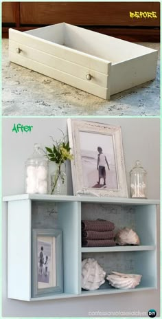 the before and after shots of an old dresser makeover with paint, shelving, and other items