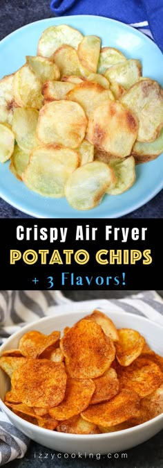 crispy air fryer potato chips in a white bowl and on a blue plate