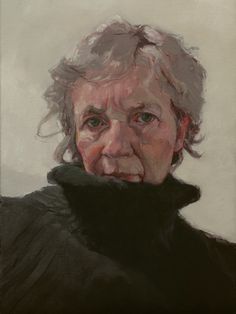 a painting of an older woman wearing a black coat