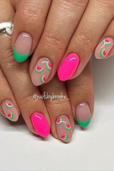 Add a splash of summer fun to your nails with bright pink and green hues, complemented by adorable watermelon nail art. This vibrant and playful design by @nailsbybrooke___ captures the essence of summer, perfect for soaking up the sun in style! Explore the top 25 summer nail design ideas at Nailustrous and level up your nail game now! Watermelon Nail Designs, Watermelon Nail, Fruit Nail Art, Summer Gel Nails, Watermelon Nails, Simple Gel Nails, Summery Nails, Cute Gel Nails, Bright Nails