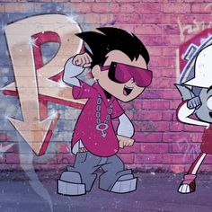 two cartoon characters are standing in front of a brick wall and one is wearing sunglasses