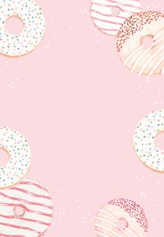 a pink background with four different donuts on top of each other and sprinkles in the middle