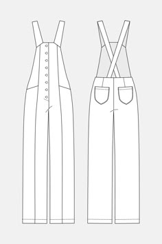 Bly Overalls  Casual and stylish, wide leg overalls Normal waist, fitted at hips Revealed button closure at front Flattering vertical front seams Simple diagonal front pockets and patch pockets at back Wide, cross back shoulder straps Choose a light to medium weight, inelastic fabric, such as soft wool or cotton blend Overalls Sewing Pattern, Technical Sketch, Fashion Study, Wide Leg Overalls, Overalls Casual, Adaptive Clothing, Jumpsuit Pattern, Fashion Design Drawings