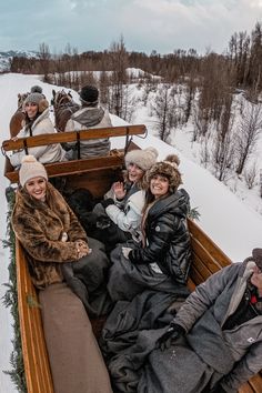 group of people riding in the back of a sleigh