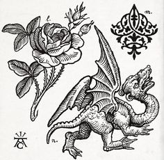 a black and white drawing of a dragon with flowers on it's back side