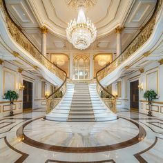 an elegant staircase with chandelier and marble flooring in a large white building