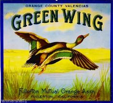 an orange label for green wing tea with a duck flying over the water and grass