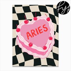 a heart shaped cake with the word aris written on it and cherries in the middle