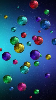 colorful bubbles floating in the air on a blue background