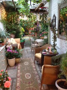 an outdoor patio with lots of potted plants