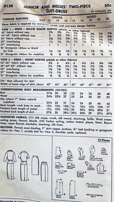 the instructions for sewing clothes are shown in black and white, as well as an information sheet