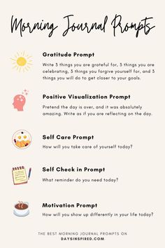 Gratitude, positive visualization, self care, self check and motivation @days_inspired   #morningjournal #morning #journal #prompts #selfcare #motivation #visualization #gratitude #glowup #girl #boy Morning Journal Prompts, Positive Visualization, Mindfulness Journal Prompts, Gratitude Prompts, Positive Intentions, Morning Journal, Journal Questions, Journal Inspiration Writing, Healing Journaling