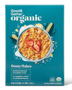 good and gather organic frosty flakes with strawberries in the bowl on a white background