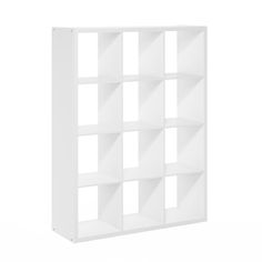 a white bookcase with six shelves on each side