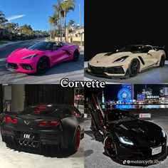 three different colored sports cars are shown in this collage with the caption corvette