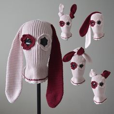 a knitted dog hat and scarf on display