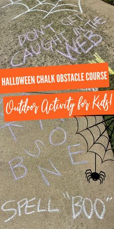 Kids' Halloween Chalk Obstacle Course Spooky Obstacle Course, Diy Backyard Obstacle Course For Kids, Outside Halloween Activities For Kids, Chalk Kids Activities, Easy Obstacle Course For Kids Outdoor, Halloween Learning Activities For Kids, Side Walk Chalk Obstacles, Halloween Chalk Obstacle Course, Fall Obstacle Course For Kids