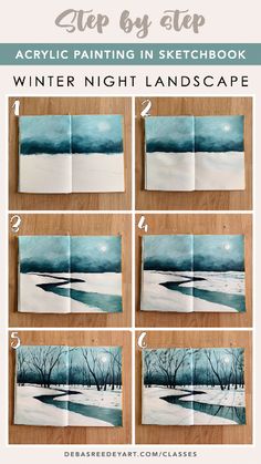 step by step instructions on how to paint a winter night landscape