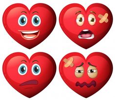 four red hearts with different facial expressions