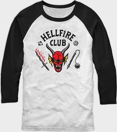 The iconic Hellfire Club raglan tee is a must-have for D&D players and Stranger Things fans alike! Featuring 3/4 length sleeves and the coolest graphics in all of Hawkins, this t shirt will be a wardrobe staple for years to come. Officially licensed Crewneck Short sleeves Material: Cotton Care: Machine wash; tumble dry low Imported This shirt is Unisex Sizing only For a fitted look, order one size smaller than your normal size Hellfire Club Costume, Stranger Things Hellfire Club, Stranger Things Hellfire, Stranger Things Style, Baseball Graphic Tees, Hellfire Club, Club Shirts, Raglan Tee, Beetlejuice