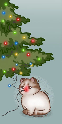 a cat sitting under a christmas tree with lights on it's head and eyes