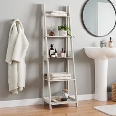 a bathroom with a ladder shelving unit next to a sink and mirror on the wall