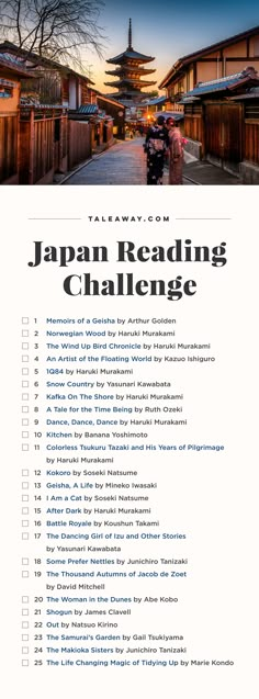 the japan reading challenge is shown with an image of a person walking in front of a pagoda