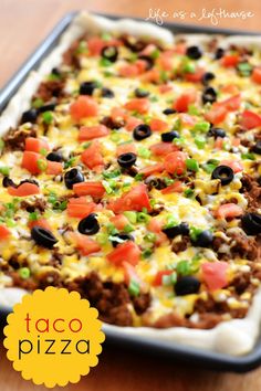 taco pizza in a casserole dish on a wooden table with the title above it