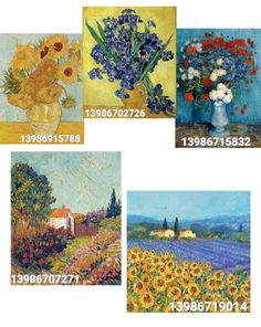 four pictures of flowers in vases and paintings