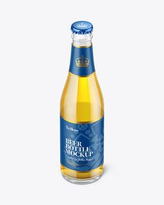 a bottle of beer mockup on a white background with a blue cap and bottom