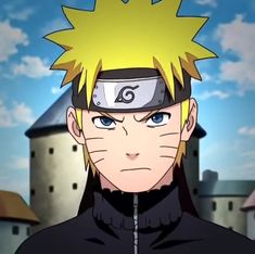 the character naruto is staring at something in front of some buildings and clouds