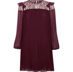 Checkout this Dark red pleated lace frill swing dress from River Island Statement Sleeves, Ladies Dresses, Dresses Dresses, Off Duty, Swing Dress, Dark Red, Open Shoulder, River Island