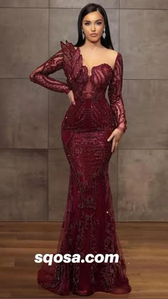 Long Sleeve Prom Dress Mermaid, Long Sleeve Mermaid Prom Dress, Glitter Prom Dresses, Gaun Fashion, Mermaid Evening Gown, 파티 드레스, Red Gown, Long Sleeve Prom, Floor Length Prom Dresses