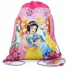 a pink drawsack bag with princesses on it