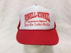 This is a great trucker hat, a cool 1979s-1980's vintage cap        On the front it reads: Powell-Kunkel Insurance Agency Devils Lake it has snap back plastic adjuster on the back    nice used cap-see photos check out my other lids on ebay now  Check out my other items! I ship all my baseball cap Auctions in Boxes!   that way they arrived to you uncrushed.    I SHIP FAST!!!   I use first class USPS shipping!  This item comes from a smokefree home, I accept paypal or you can pay when you pick up Vintage Trucker Hats, Insurance Agency, Vintage Cap, Hat Baseball, Bid Day, Snap Back, Snap Backs, 1980s Vintage, Trucker Hats