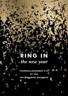 a poster for ring in the new year with black and gold confetti on it