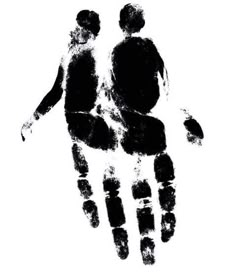 an image of two people holding hands drawn in ink on white paper with black and white background