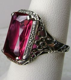 Excited to share the latest addition to my #etsy shop: 5ct Simulated Cushion Cut Ruby Sterling Silver Floral Nouveau Filigree Ring {Made To Order} https://etsy.me/31AkkMD #jewelry #ring #sterling #silver #girls #red #ruby #girlboss #fortworth #dallas Antique Engraved Ring With 17 Jewels For Wedding, Wedding Ruby Ring With Intricate Design, Formal Engraved Ring With Stone Setting, Red Victorian Filigree Ring For Anniversary, Formal Engraved Stone-set Ring, Antique Pink Jewelry For Formal Occasions, Formal Antique Pink Jewelry, Antique Ring With Intricate Design For Gift, Antique Pink Gemstone Rings