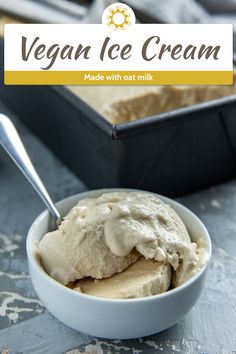 vegan ice cream made with cat milk in a white bowl on a gray table