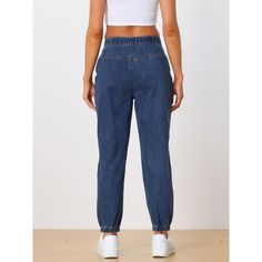 These pants is made up of several design points: high waist, elastic waist back, washed denim, elastic ankle cuff design, casual jogger jeans with side pockets, suitable for most of shape body. Elastic ankle cuffs, Pull on and button closure, basic denim pants. You can pair it with your favorite wedges or heels for that effortless stylish look. Also, you can add sneakers for a casual jogging style, an essential for every fashion women or girl. Occasion: Casual, dating, work, street, traveling, s Trendy Denim Pants With Elastic Waistband, High Waist Relaxed Fit Pull-on Jeans, Trendy Light Wash Jeans With Elastic Waistband, Trendy Jeans With Elastic Waistband, Casual Denim Pants With Elastic Waistband, High Waist Blue Jeans With Pull-on Style, Summer High Waist Pull-on Jeans, Casual High Rise Bottoms With Elastic Waistband, Light Wash Tapered Leg Bottoms With Elastic Waistband