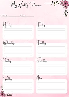 the printable weekly planner is shown with pink flowers