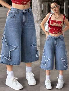 Baggy Thrifted Jeans, Jeans With Stars On Them, Y2k Hyperpop Fashion, Jinco Pants, Capri Pants Outfits Y2k, Jeans And Denim, Vintage Washed Jeans, Bag Pants Style, Star Pants Outfit