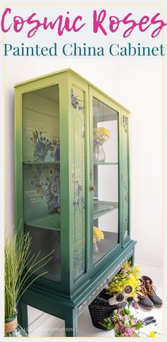 a green cabinet sitting next to a potted plant on top of a white floor